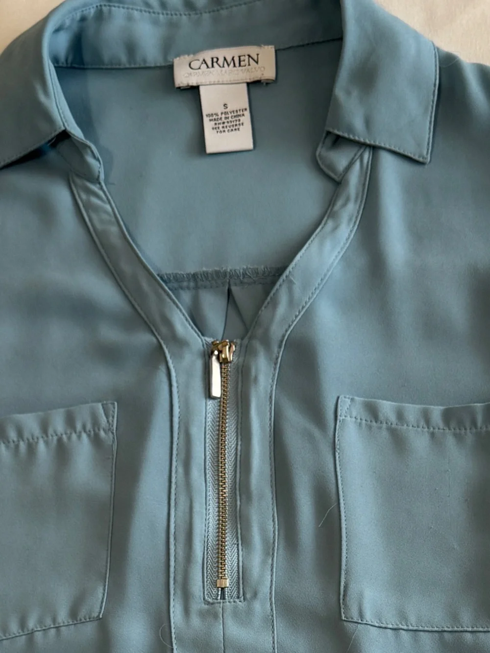 Blue Zip-Front Cap Sleeve Blouse - Picture 9 of 10
